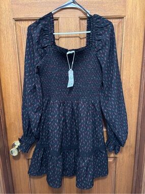Smocked Black Long-Sleeve Mini Dress with Red Floral. Sz S. NWT
